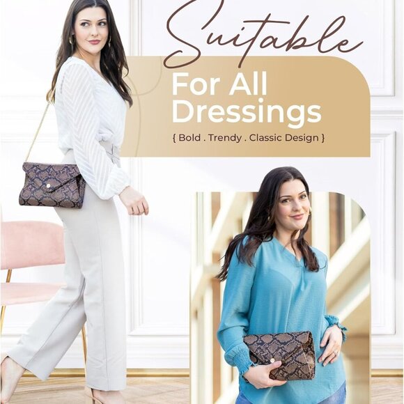 Evening Clutch Purses For Women - Elegant Envelope Clutch RFID Bag with Detachab - Picture 2 of 8